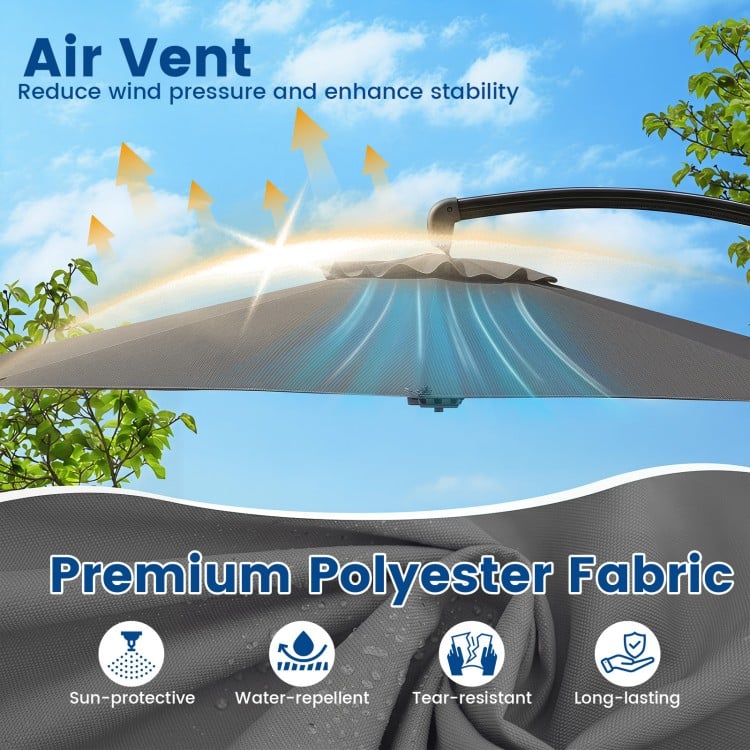Top view of the 11 FT cantilever patio umbrella showcasing the air vent and premium polyester fabric for sun protection.