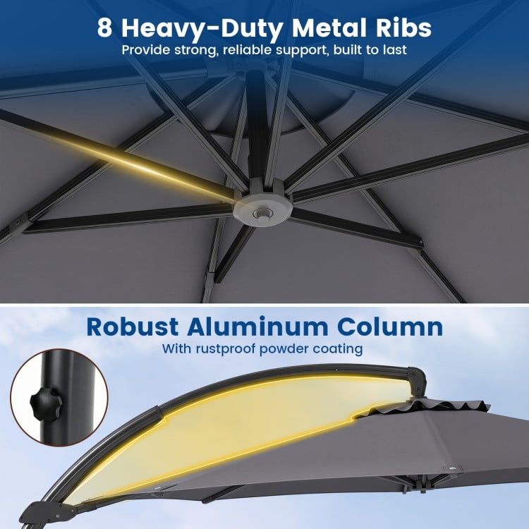Close-up of the robust aluminum column and heavy-duty metal ribs of the 11 FT cantilever patio umbrella, gray finish.