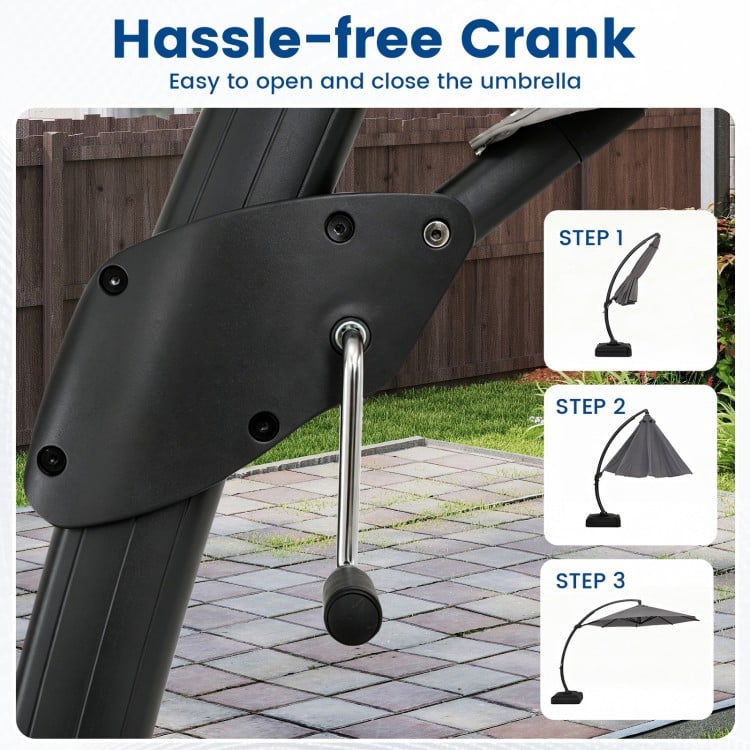 Hassle-free crank mechanism for the 11 FT cantilever patio umbrella with 360° rotation and tilt adjustment.