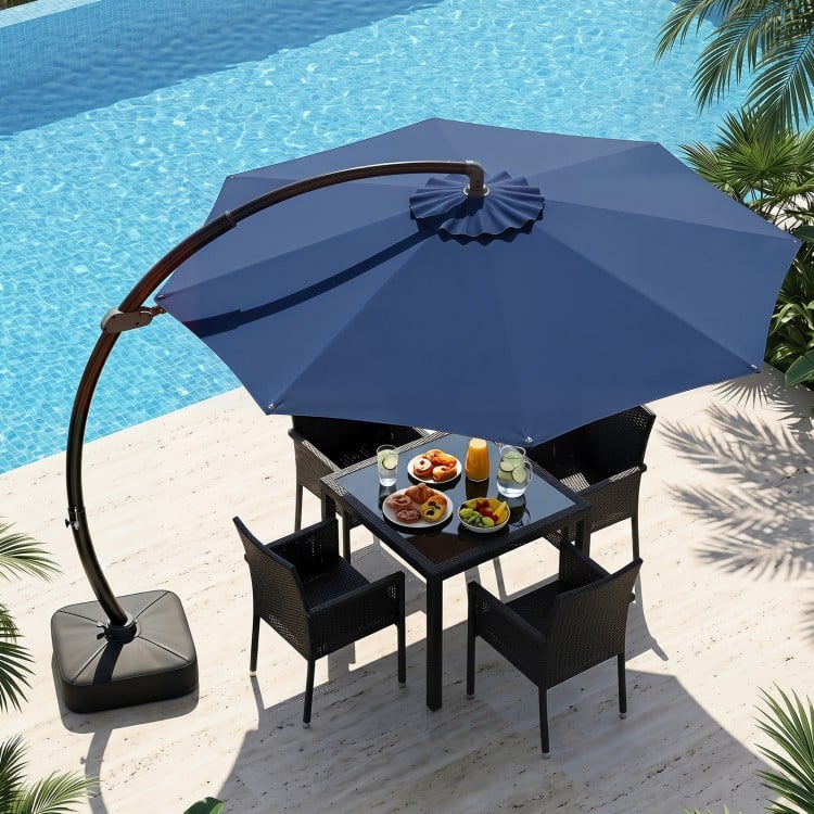 11 FT navy cantilever patio umbrella with aluminum frame and 360° rotation, ideal for outdoor dining shade.