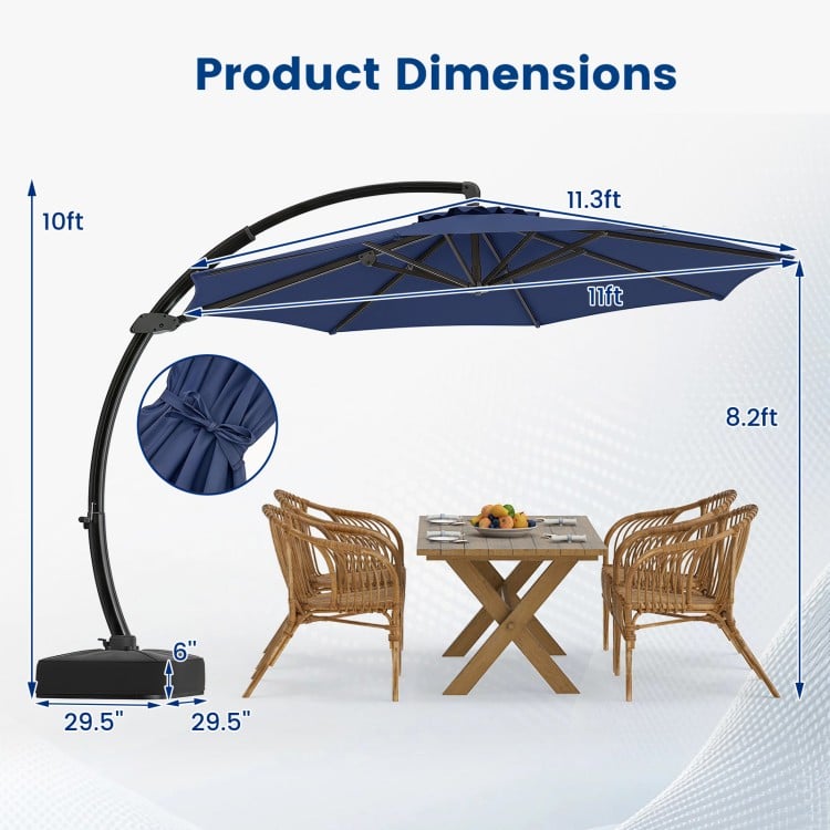 11 FT navy cantilever patio umbrella with base, featuring 360° rotation and tilt adjustment for optimal shade.