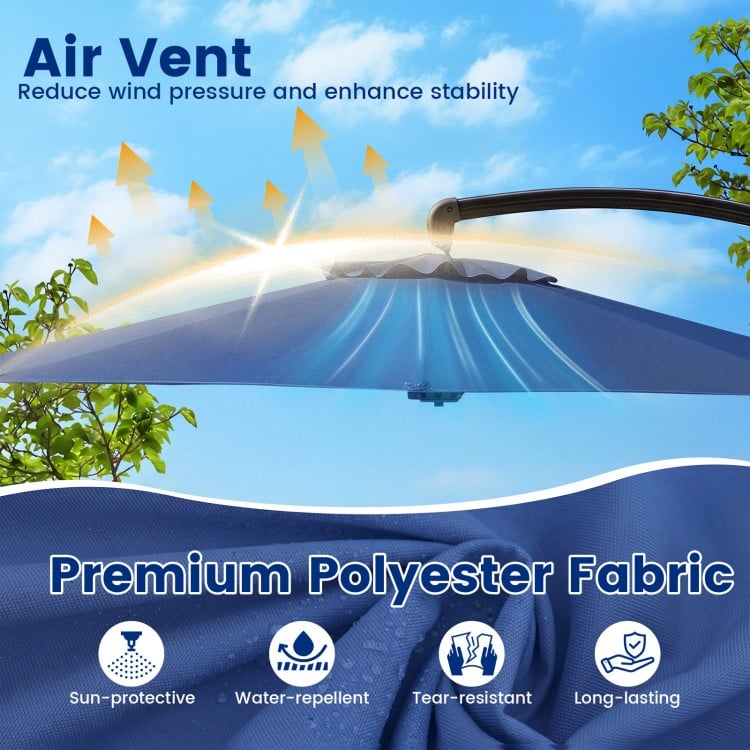 Navy 11 FT cantilever patio umbrella with air vent, made of premium polyester for sun protection and water resistance.