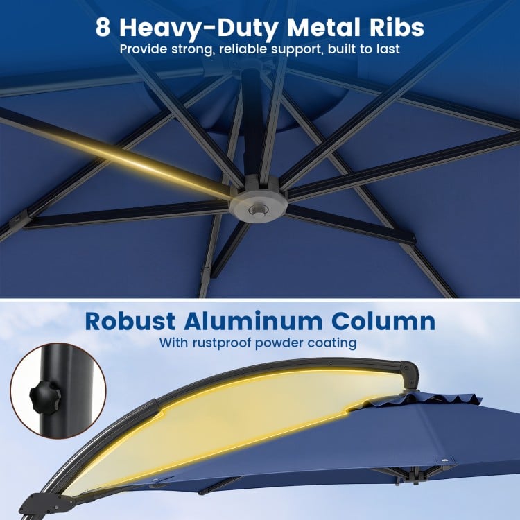 11 FT navy cantilever patio umbrella showcasing robust aluminum column and 8 heavy-duty metal ribs for reliable support.