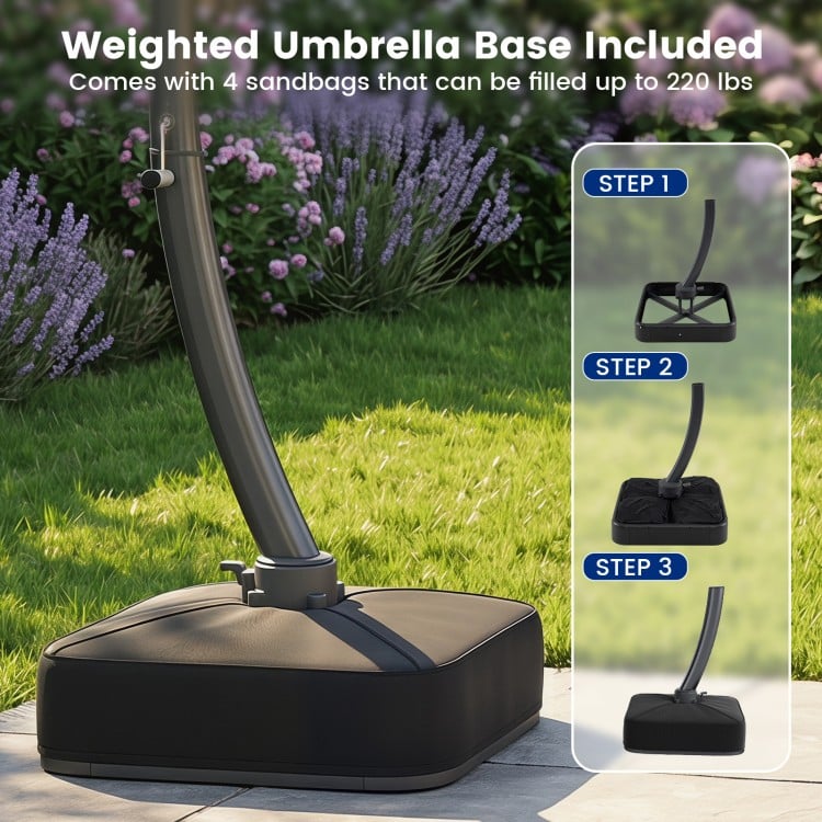 11 FT cantilever patio umbrella base with 4 fillable sandbags for stability, designed for outdoor use and easy setup.