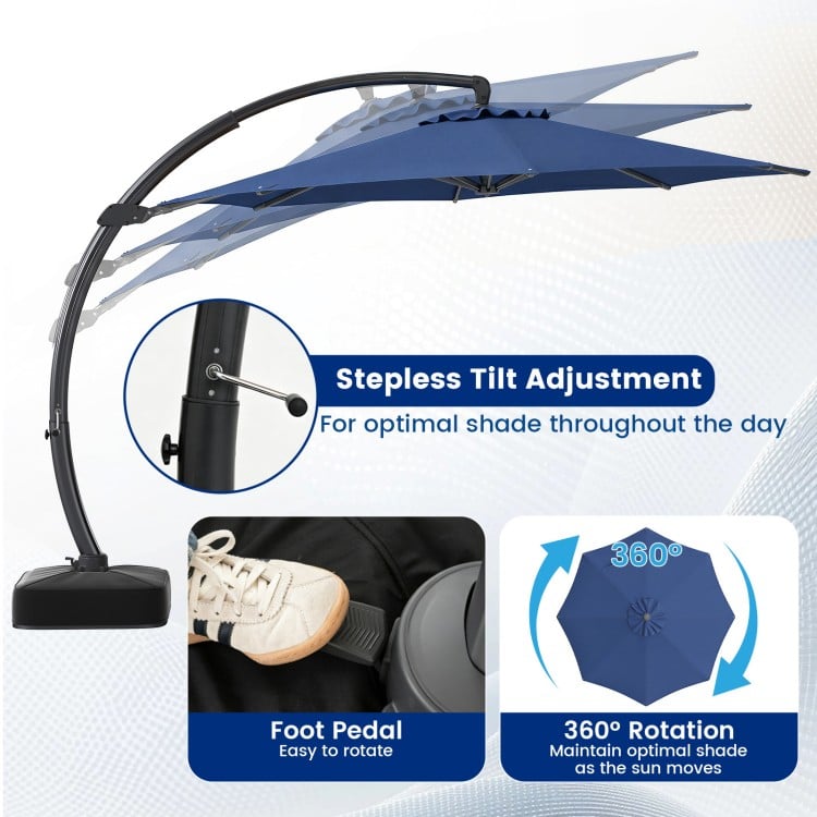 11 FT navy cantilever patio umbrella with 360° rotation and stepless tilt for optimal shade in outdoor spaces.