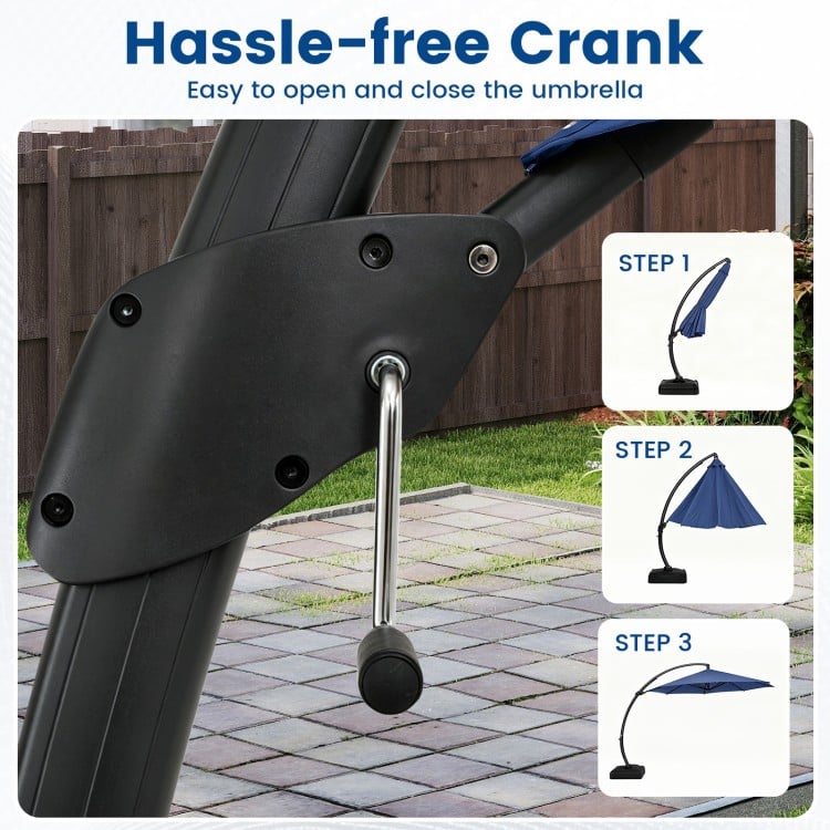 Hassle-free crank mechanism for the 11 FT cantilever patio umbrella with navy canopy, designed for easy opening and.