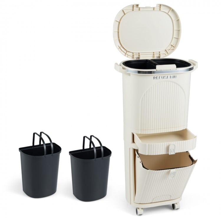 Beige 11-gallon kitchen trash can with lid, featuring 2 removable buckets and a pull-out drawer for organized waste.