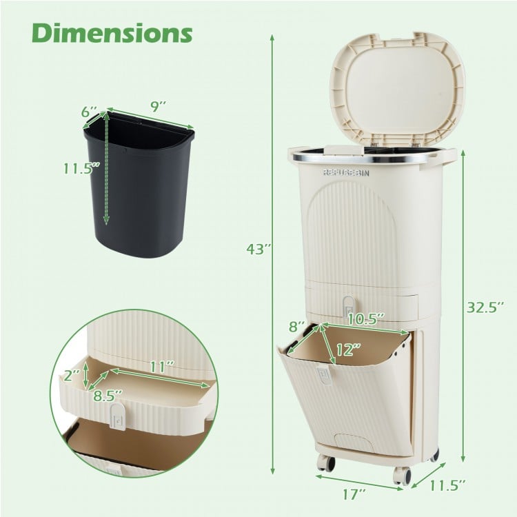 Beige 11-gallon kitchen trash can with dimensions, showcasing a tilting compartment and ergonomic design for easy use.