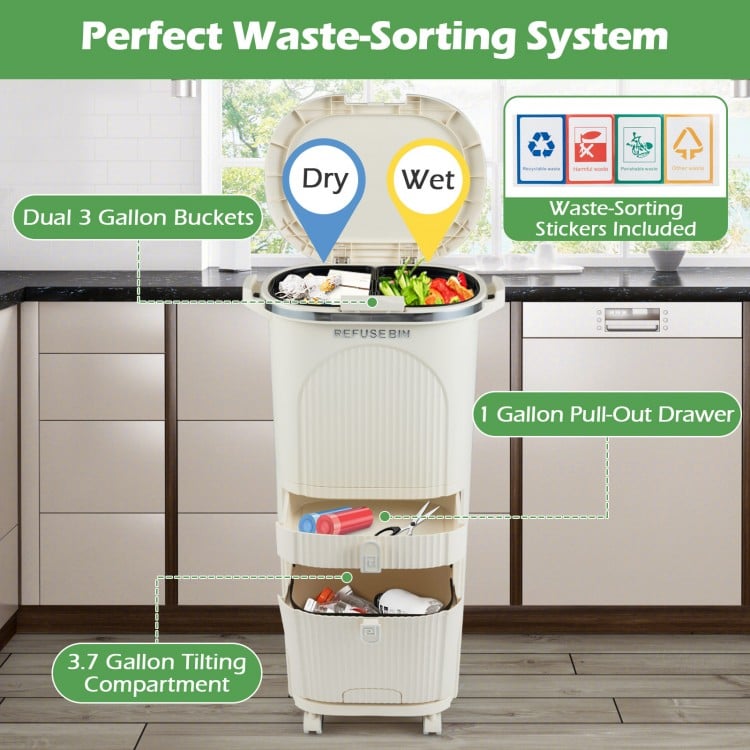 11-gallon beige kitchen trash can with dual 3.2-gallon buckets and pull-out drawer for efficient waste sorting.