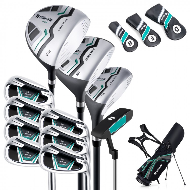 Complete 11-piece golf club set in green, featuring oversized driver, stainless steel irons, and durable golf bag.