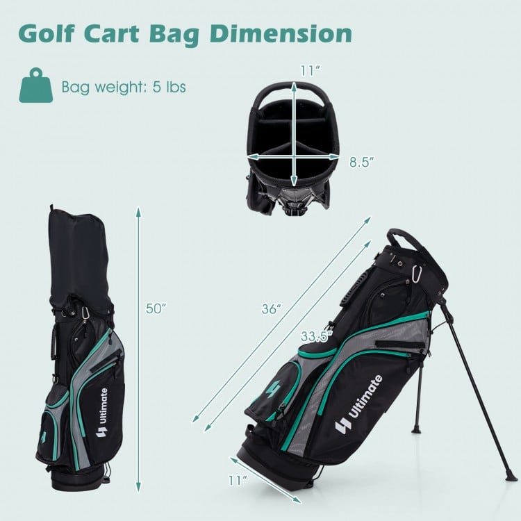 Golf bag dimensions with 5 lbs weight, featuring 5 dividers and pockets for organized storage on the golf course.