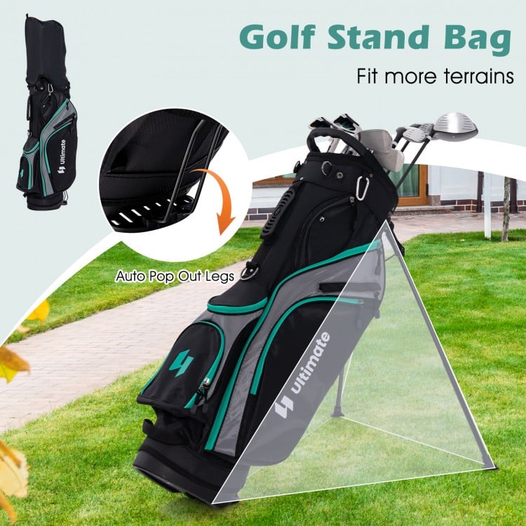 Golf stand bag with auto pop-out legs, featuring a durable design and multiple storage pockets for golf clubs.