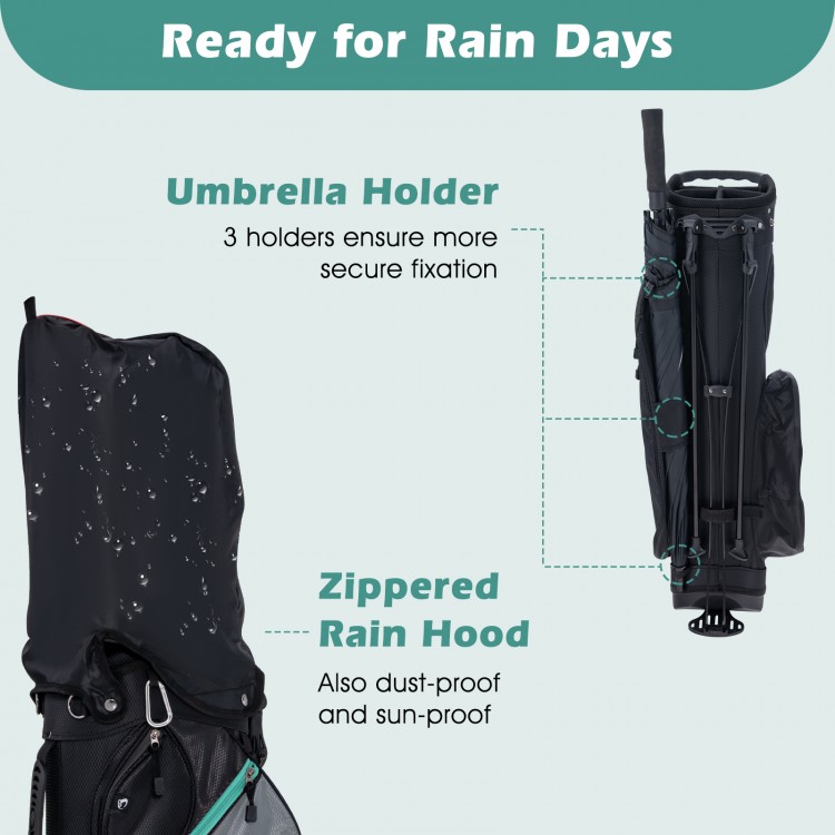 Zippered rain hood and umbrella holder on the golf bag, designed for protection and convenience on rainy days.