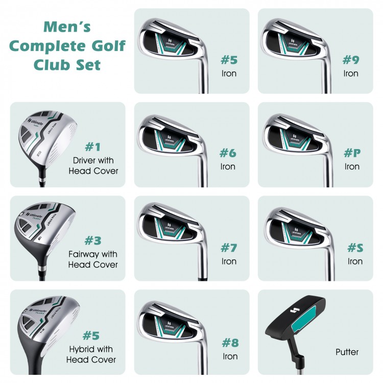 Men's complete golf club set featuring stainless steel irons, oversized driver, and hybrid clubs with head covers for.