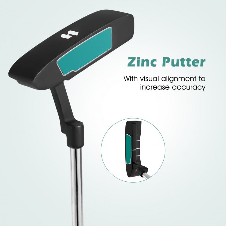 Zinc putter with visual alignment for accurate shots, part of a complete 11-piece golf club package set.