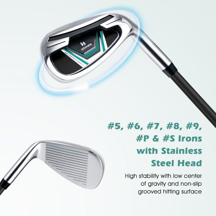 Close-up of #5, #6, #7, #8, #9, #P & #S stainless steel irons showcasing the non-slip grooved hitting surface.