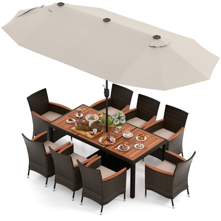 11-piece patio dining set featuring a large acacia wood table, 15 ft double-sided umbrella, and comfortable rattan.