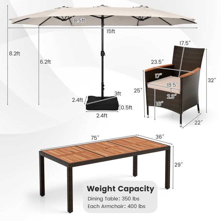 11-piece patio dining set featuring a 15-foot double-sided umbrella, acacia wood table, and stackable chairs for.