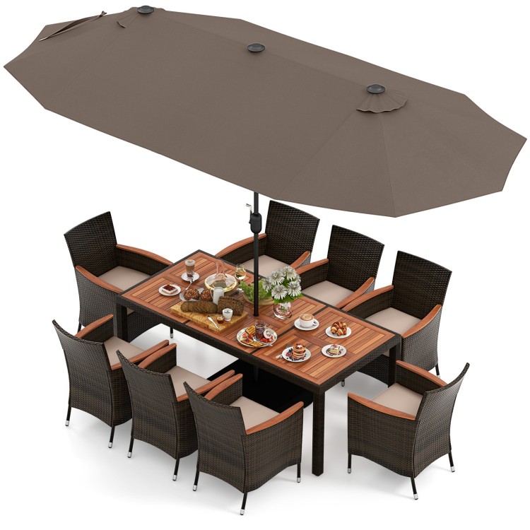 11-piece patio dining set featuring a large acacia wood table, stackable chairs, and a 15 ft double-sided umbrella.