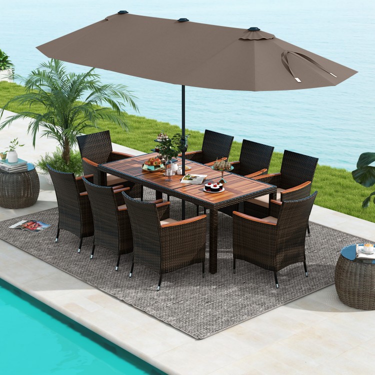 11-piece patio dining set featuring a large acacia wood tabletop and a 15-foot double-sided umbrella for outdoor.