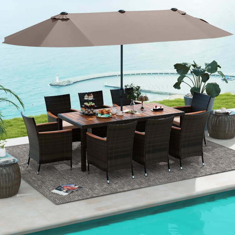 11-piece patio dining set featuring a large acacia wood tabletop and a 15 ft double-sided umbrella for outdoor.