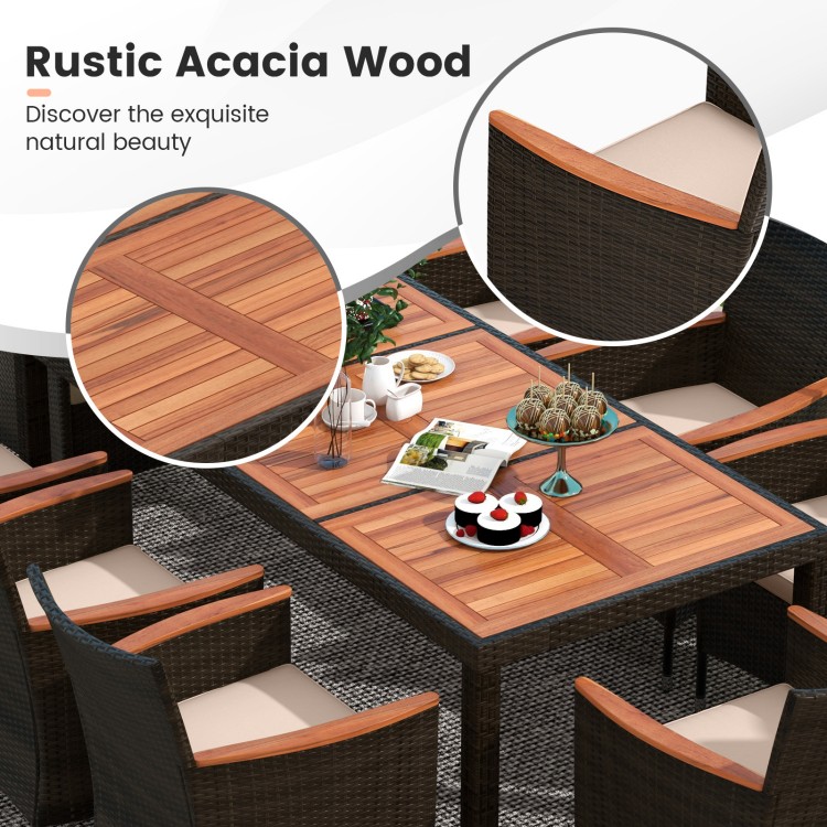 Close-up of the rustic acacia wood tabletop in the 11-piece patio dining set, showcasing natural beauty and durability.