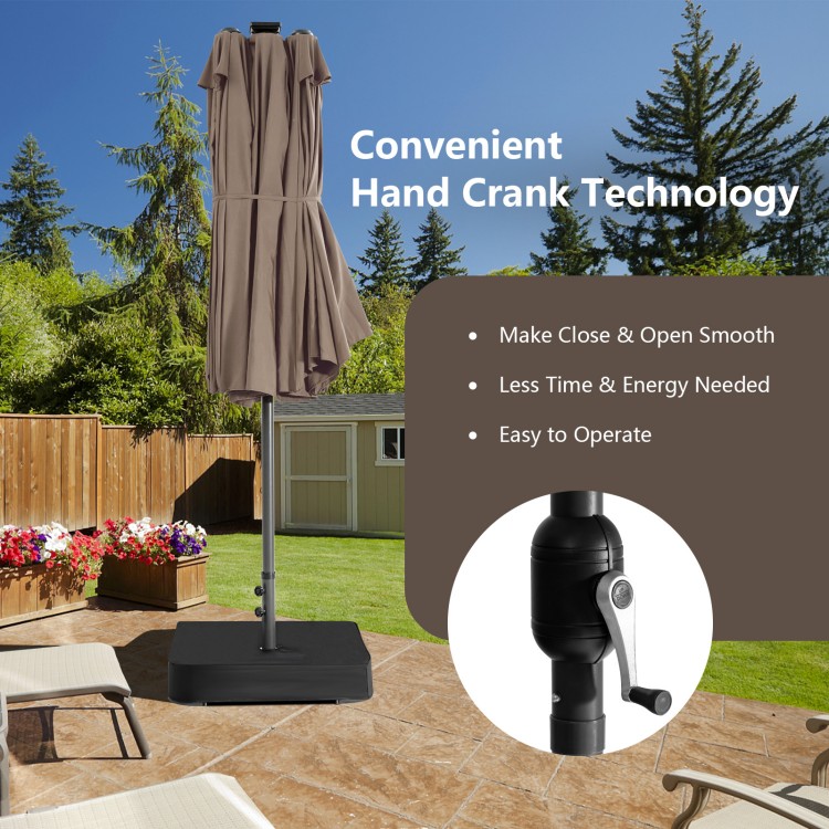 15-foot double-sided patio umbrella with hand crank, featuring a sturdy base and solar-powered LED lights for outdoor.