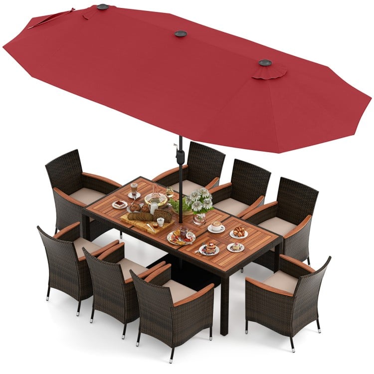 Patio dining set featuring a large acacia wood table, 11 chairs, and a 15 ft double-sided umbrella for outdoor.