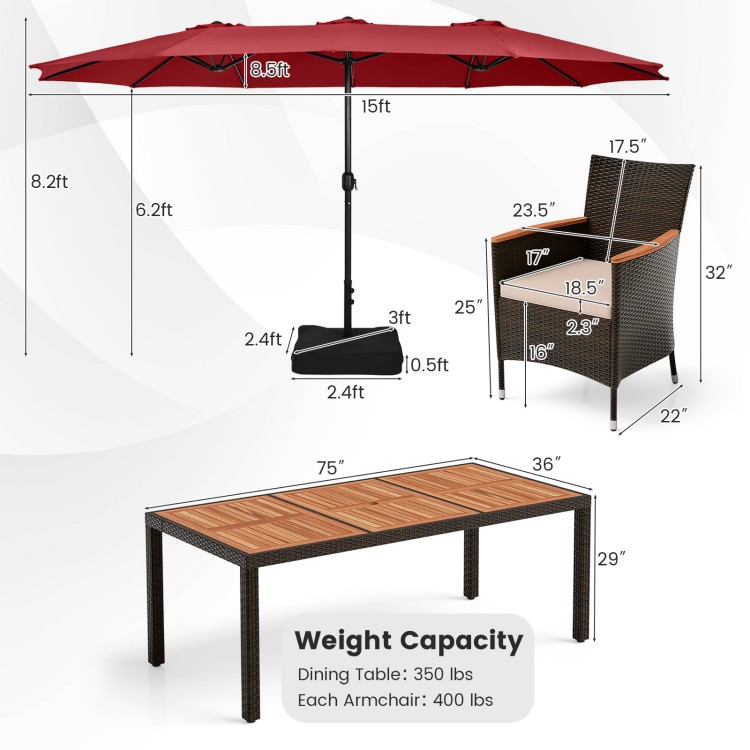 15-foot double-sided patio umbrella with a sturdy base, paired with a wine-colored hand-woven PE rattan dining set.
