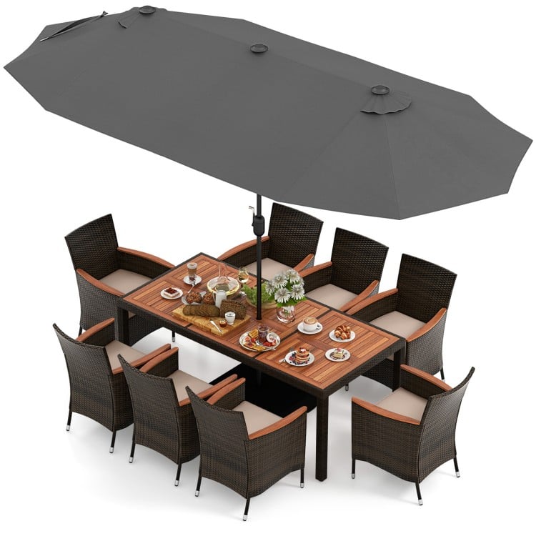 11-piece patio dining set featuring a large acacia wood table, 8 chairs, and a 15 ft double-sided umbrella for outdoor.