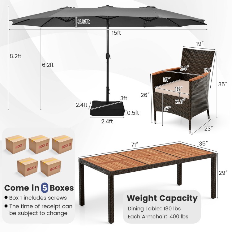15-foot double-sided patio umbrella with a sturdy base, ideal for providing shade in outdoor dining settings.
