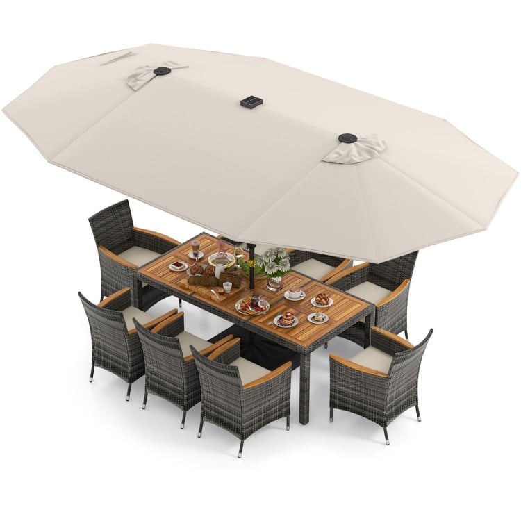 11-piece patio dining set featuring a large acacia wood table, 8 chairs, and a 15 ft double-sided umbrella for outdoor.