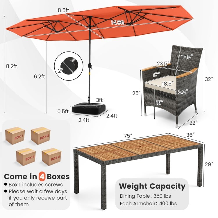 Patio dining set featuring a 15 ft double-sided umbrella, gray PE rattan chairs, and a large acacia wood tabletop for.
