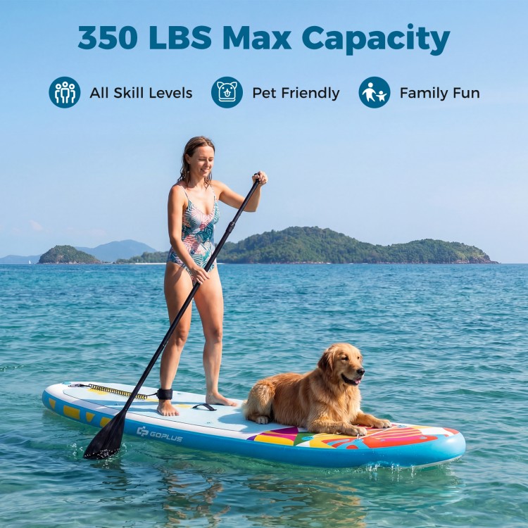 11' inflatable stand-up paddle board in blue with textured EVA deck, 350 lbs capacity, ideal for family fun and pets.