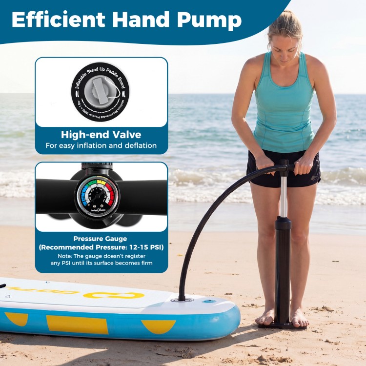 Close-up of the high-end valve and pressure gauge on the 11' inflatable stand-up paddle board for easy inflation.