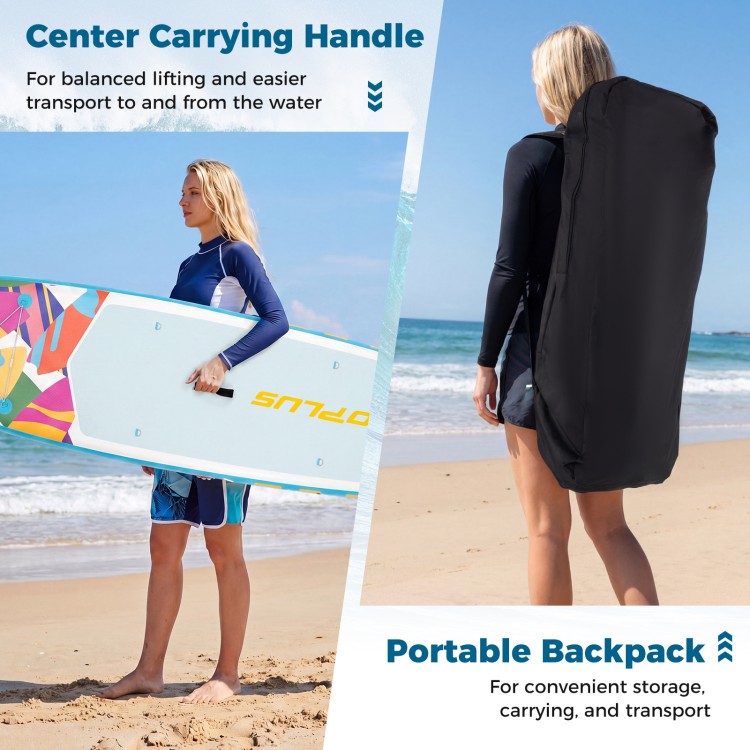 11' inflatable stand-up paddle board in blue with portable backpack for easy transport and all skill levels.