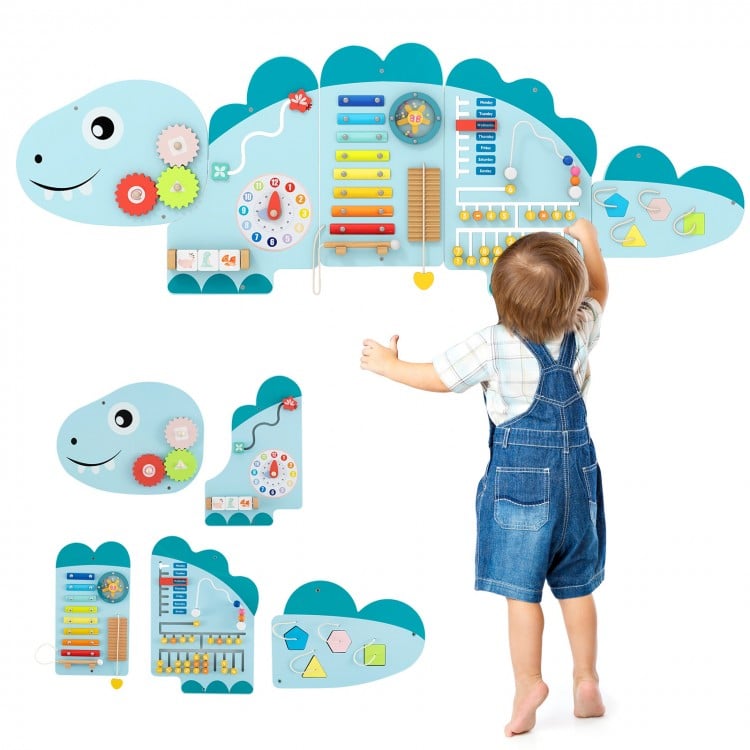 Dinosaur activity wall busy board for toddlers featuring 11 educational games, ideal for early development and play.