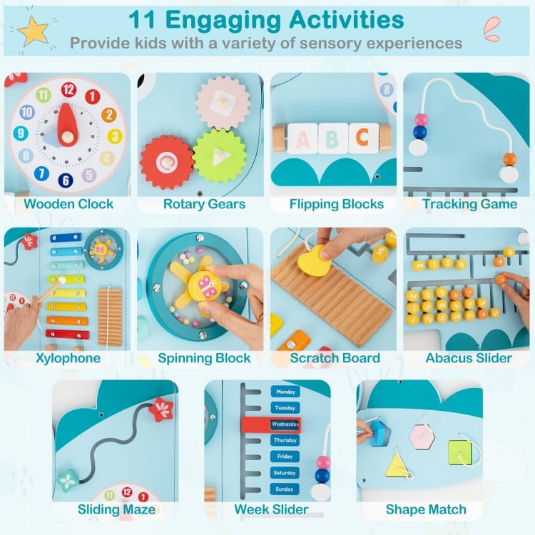 Dinosaur-themed busy board featuring 11 activities like a xylophone, clock, and abacus slider for toddler learning.