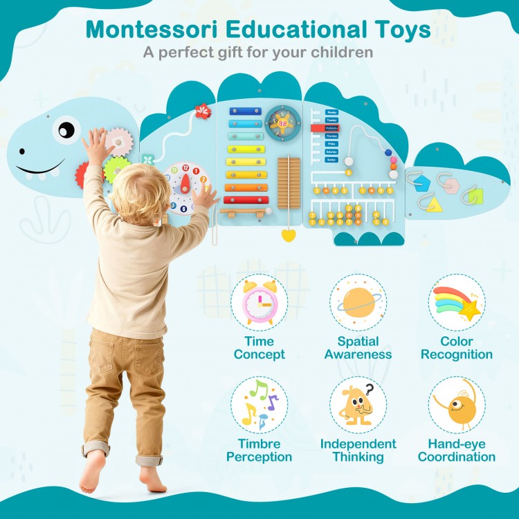 Dinosaur activity wall busy board for toddlers featuring 11 educational activities, promoting fine motor skills and.