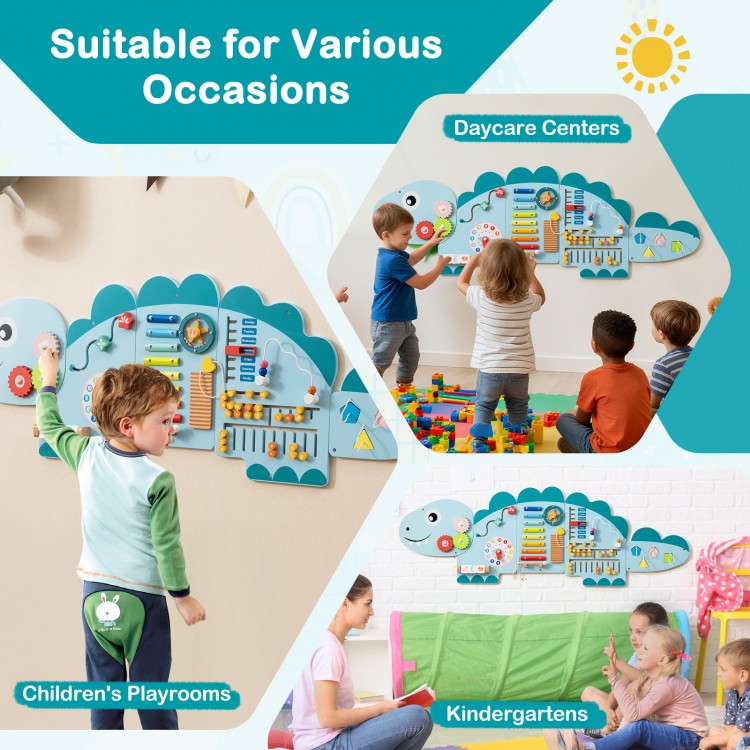 Dinosaur activity wall busy board with 11 educational features for toddlers, ideal for daycare centers and playrooms.