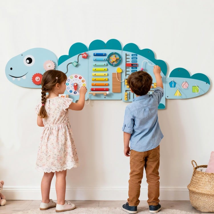 Dinosaur activity wall busy board for toddlers featuring xylophone, clock, and abacus for educational play.