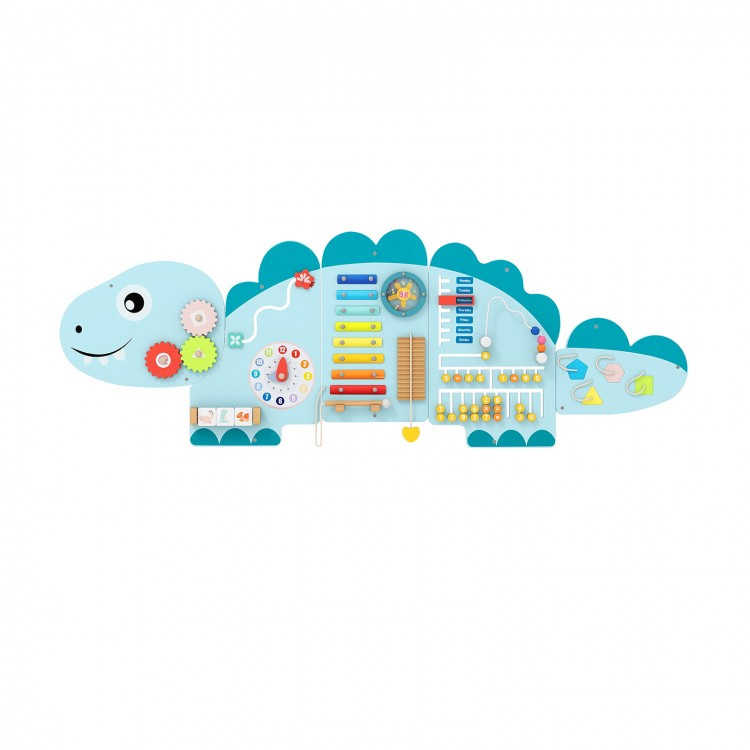 Colorful 11-in-1 dinosaur activity wall busy board for toddlers, featuring xylophone, clock, and fine motor skill games.