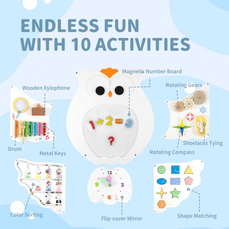 Owl activity wall busy board featuring 11 learning activities, including a magnetic number board and shoelace tying.