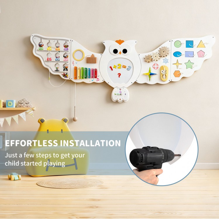 Owl activity wall busy board with 11 learning activities for toddlers, featuring smooth surfaces and easy installation.