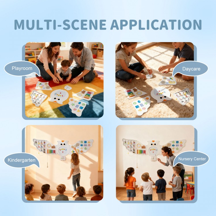 Owl Activity Wall Busy Board panels in playroom and daycare settings, promoting learning through fun activities for.