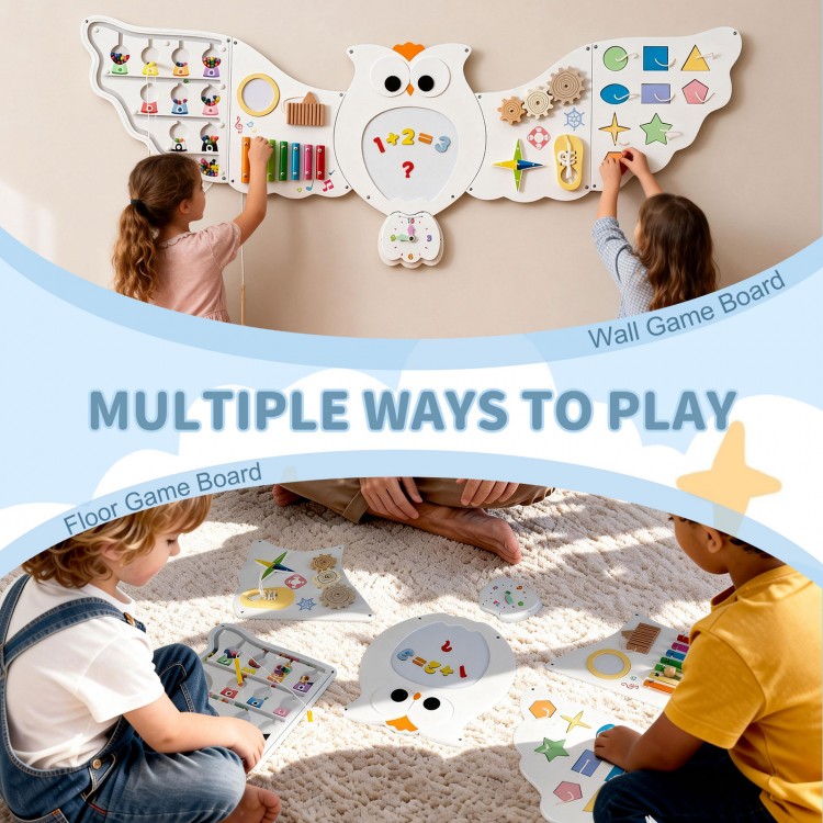 Owl activity wall busy board with 11 learning activities for toddlers, designed for wall or floor play.