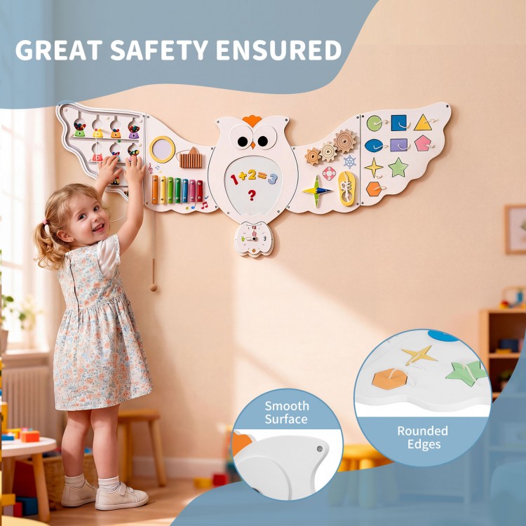 Owl activity wall busy board with 11 learning activities for toddlers, featuring smooth surfaces and rounded edges for.