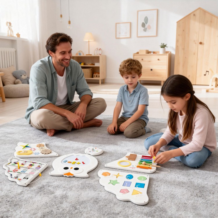 Children engaging with the 11-in-1 Toddler Learning Activity Center on a carpet, featuring various educational.