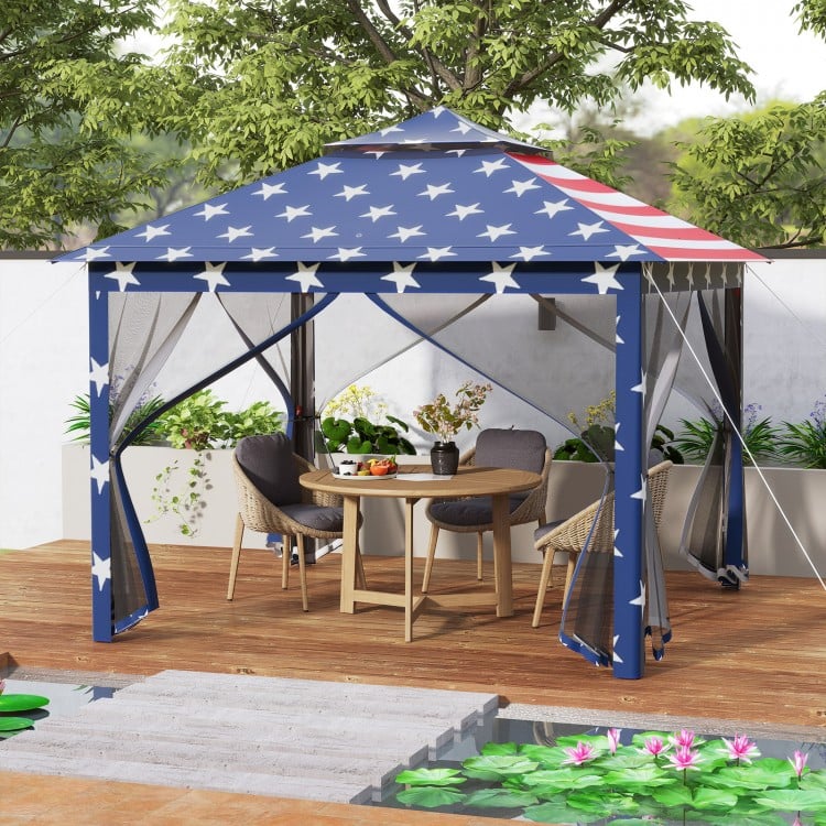 11x11 feet pop-up gazebo tent with blue mesh screens, double vented roof, perfect for outdoor gatherings and shade.