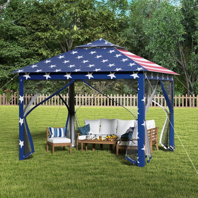 11x11 feet blue pop-up gazebo tent with star design, mesh screens, and double vented roof for outdoor shade and.